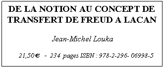 Casella di testo: DE LA NOTION AU CONCEPT DE TRANSFERT DE FREUD A LACAN 
         
           Jean-Michel Louka

21,50 � -  234  pages ISBN : 978-2-296- 06998-5



